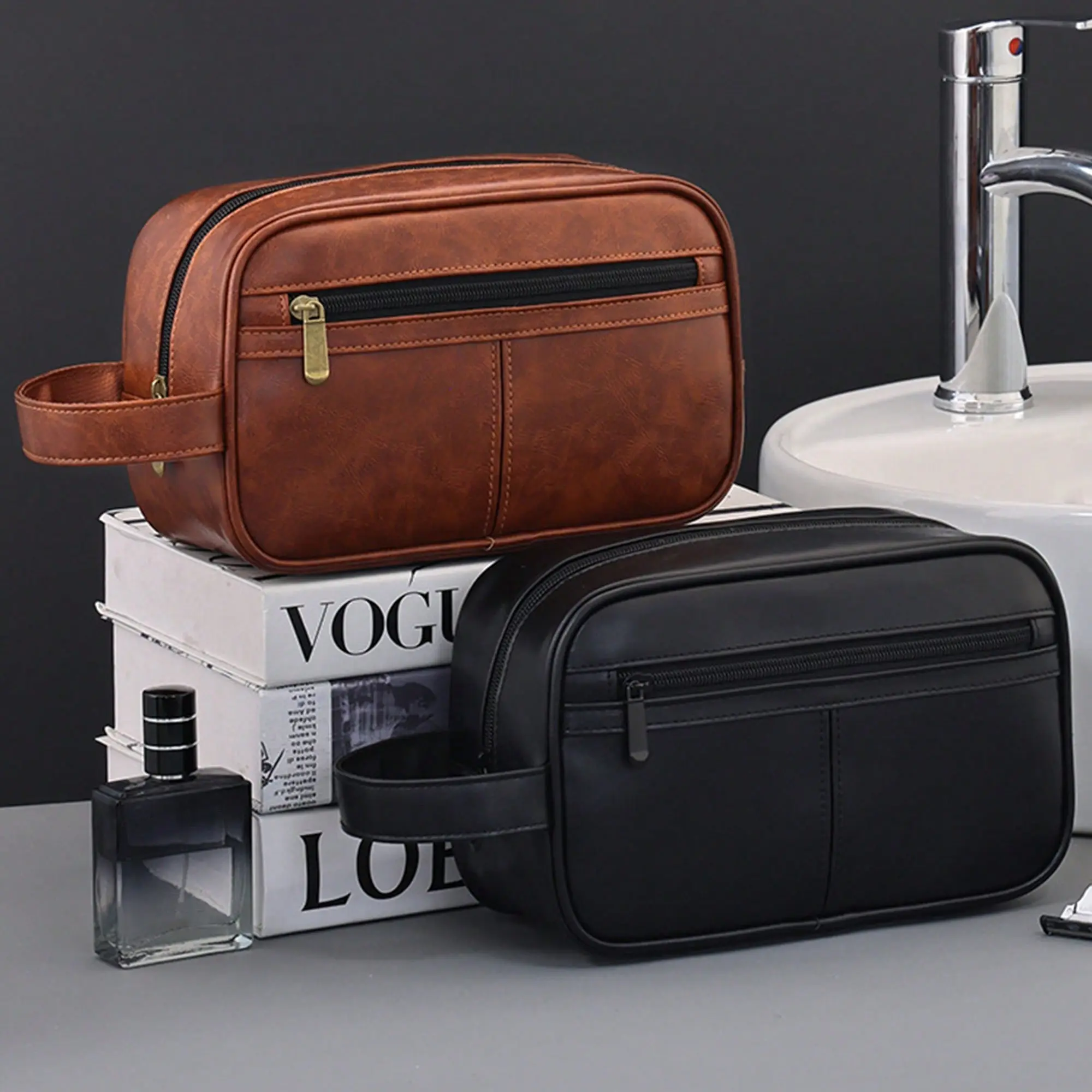 %Men Travel Toiletries Storage Bag Portable Makeup Organiser Zipper Handbags Retro Stitching Pu Leather Toiletry Bag Large Capacity Travel Business Trip Men's Portable Toiletry Storage Bag