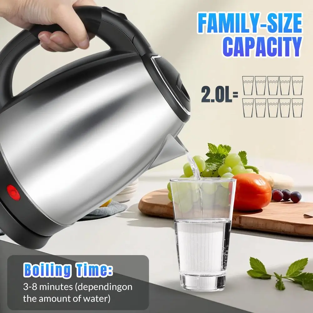 【Summerfinds】304 Stainless Steel Electric Kettle, 2.0L 110V Fast‑Boil Tea Kettle with Auto Shut‑Off & Dry‑Boil Protection, 360° Rotating Base, One‑Touch Pop‑Up Lid, BPA‑Free Cordless Water Heater for Home & Office