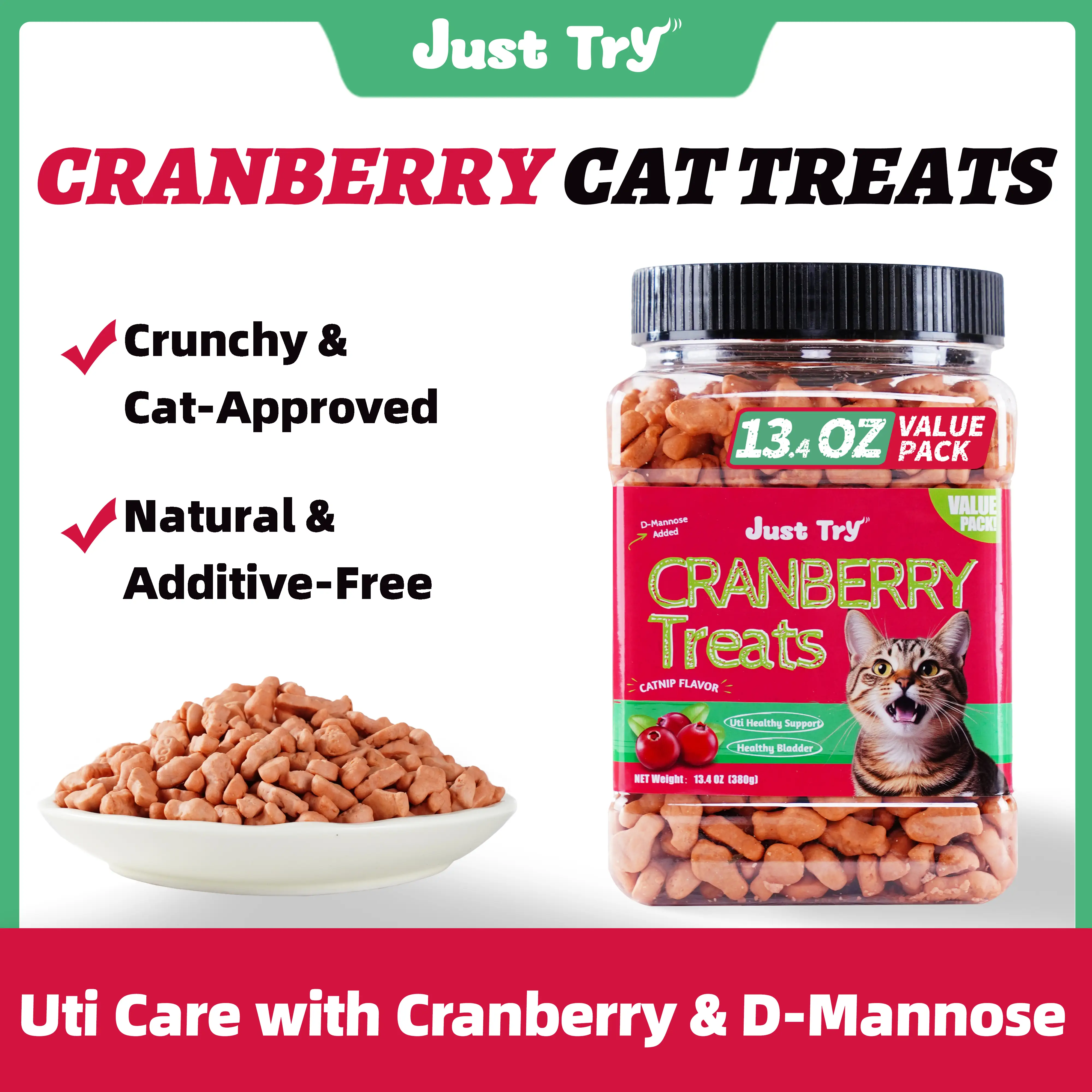 13.4 OZ Cat Treats Urinary Tract Health Supplement Cranberry and D-Mannose for Kidney Bladder and UT Support Salmon Flavor Crunchy Chews Cat Loves