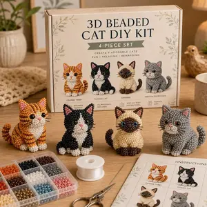All-Inclusive 3D Pet Cat Bead DIY Craft Kit, 4 Adorable Breed Kitten Beaded Ornament Making Set with Sorted Color Beads, Thread & Tutorial Book, Relaxing Tabletop Decor DIY Project, Unique Birthday Holiday Gift for Cat Lovers & Craft Enthusiasts