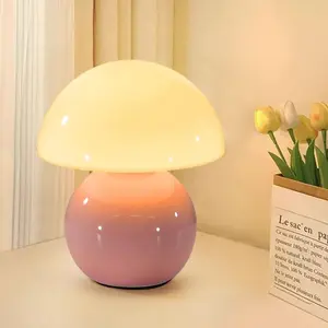 Dawnwake Ceramic Base Mushroom Table Lamp ,Unique Aesthetic Cute Small Night Light , Bedside Nightstand Glass Lamp for Bedroom, Christmas Gifts