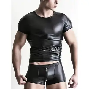 Men'S Polyester & Elastane Bodysuit Set, Crew Neck Solid Color Zippered Shorts, Medium Stretch Knit Fabric, Regular Fit, 94.6 Polyester 5.4 Elastane, 174g/m² - Stage Performance Costume Black Crewneck