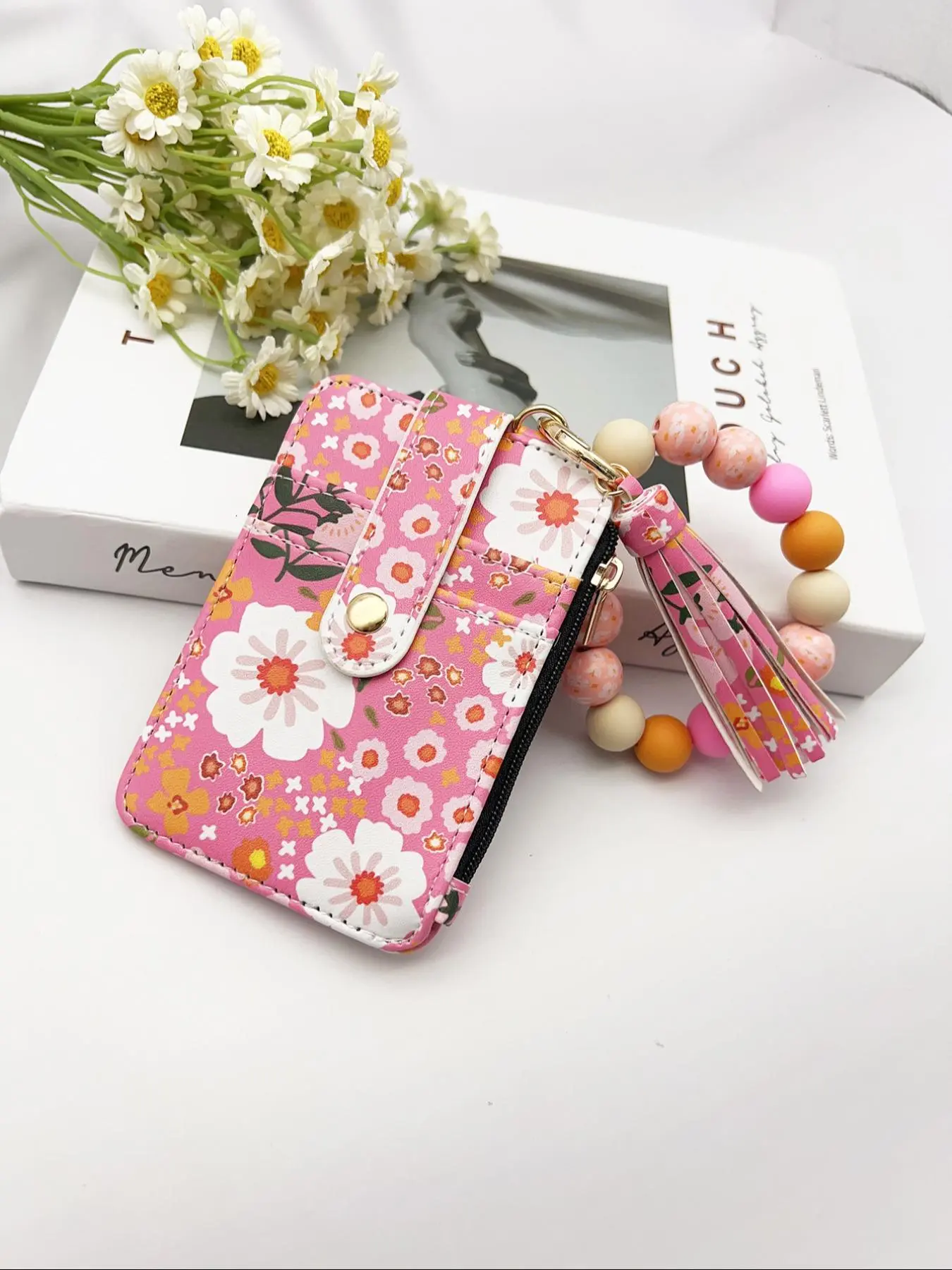 Mother's Day Gift Women's Boho Style Daisy Flower Pattern Phone Wallet, Zipper Wallet Design, Fashionable Silicone Beaded Wristlet Phone Wallet with Tassel Decor, Phone Wallet Purse, Wallet Cute, Wristlets Wallet, Cellphone Wallet, Wristlet Wallets
