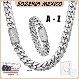 Silver Stainless Steel Cuban Link Chain & Bracelet Set for Men, 14mm Heavy Miami Cuban with A–Z Initial Letter Clasp, Gothic Punk Hip Hop Style, Personalized Matching Jewelry Set Gift for Him, Bold Statement Daily Wear streetwear, Cuban Necklace Necklaces