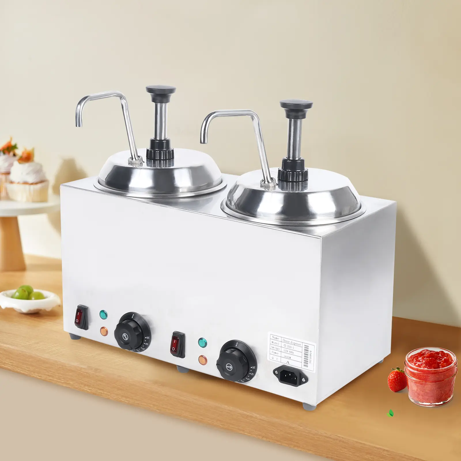 CNCEST 1600W Stainless Steel Electric Double Sauce Warmer (Housewarming Essential), Dual 2.64QT Barrel Dispenser with Adjustable Temp Controls, US Standard Pump & 1.5m/4.92ft Power Cord for Cheese, Chocolate Sauces