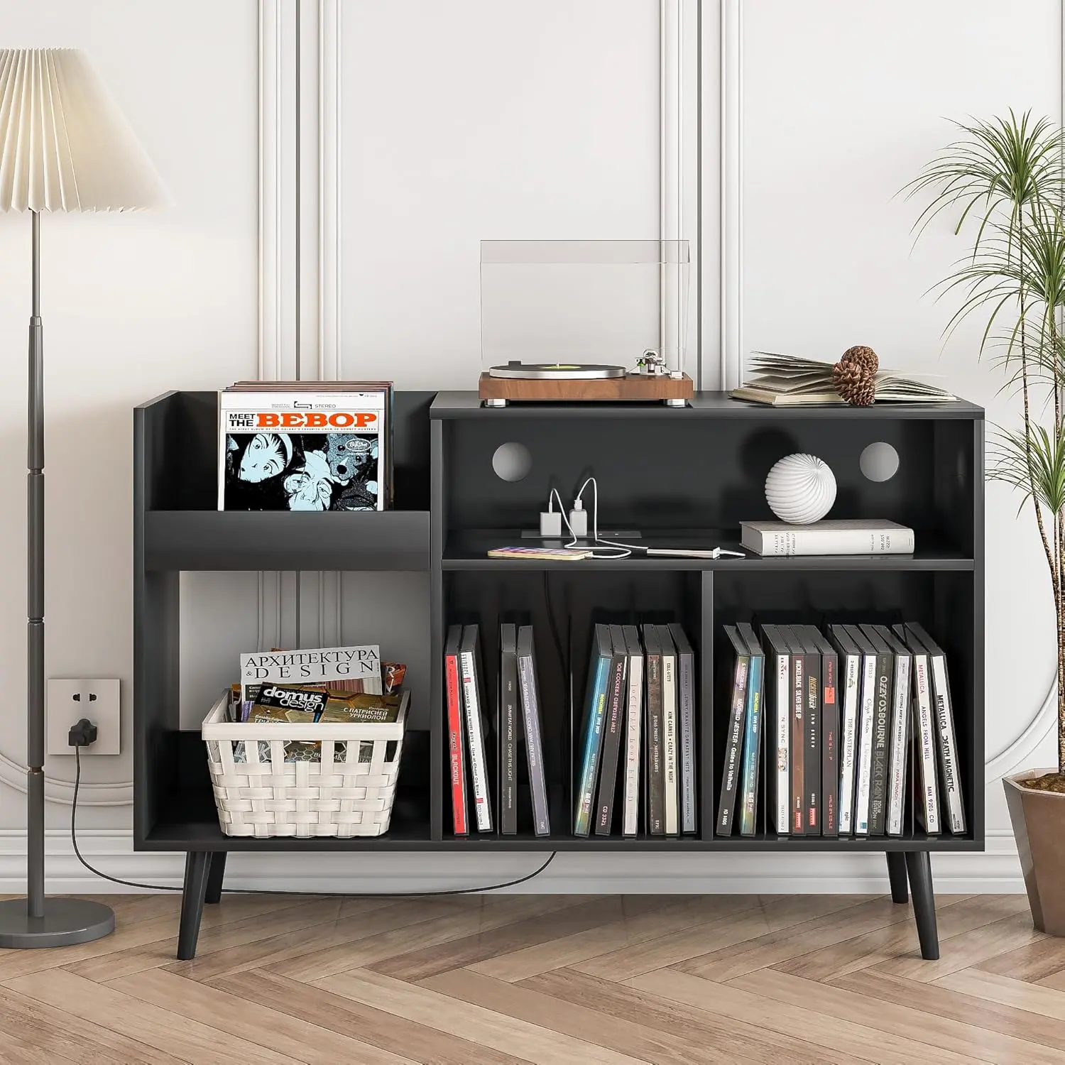 Mid Century Modern Wood Rustic Record Player Display Cabinet - Freestanding Home Entertainment Furniture with Power Sockets, Turntable Stand, Divideable Double CD Racks, 350-Album Vinyl Storage for Living Room