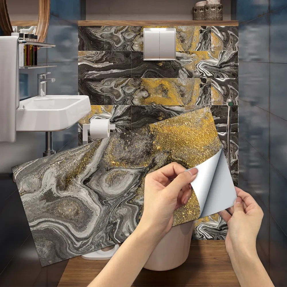 6/12/24/48PCS Rectangular Retro Black-Gold Gilded Marble Tile Stickers | PVC Crystal Film | Waterproof Oil-Proof Kitchen Bathroom Decor (FG)