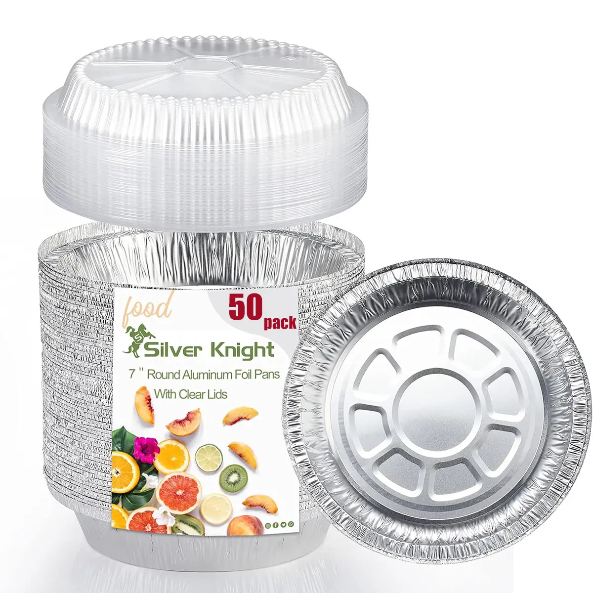 SilverKnight 50-Pack 7-Inch Round Aluminum Disposable Cookware Set with Plastic Dome Lids, for Roasting, Meal Prep, To-Go Containers (Rectangular  Option Available)