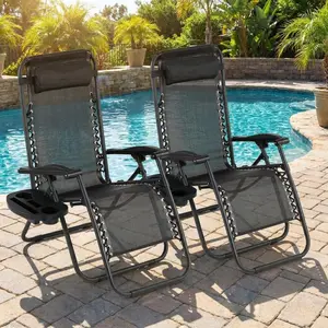 Set of 2 Adjustable Outdoor Folding Lounge Chairs, Heavy Duty Portable Recliners with Padded Headrest and Built-In Cup Holder, All-Purpose Comfort Seating for Pool, Backyard, Beach, Deck and Camping Use