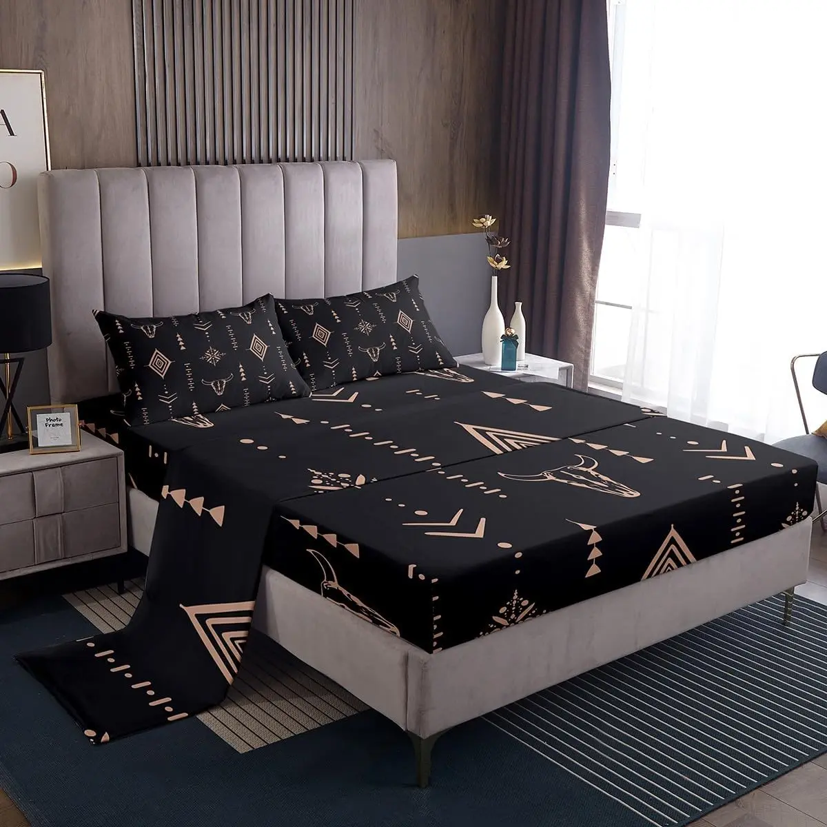 Feelyou Bull Skull Bedding Sheet Set - Boho Ethnic Horns, Brown Tribal Symbol, Mysterious Aztec Print, Abstract Geometric Flat & Fitted Sheets, Bedsheet Sets for Bedroom Gifts, Bohemian Look Decor, Decorative Bedsheet Sets, Soft Breathable Sheet