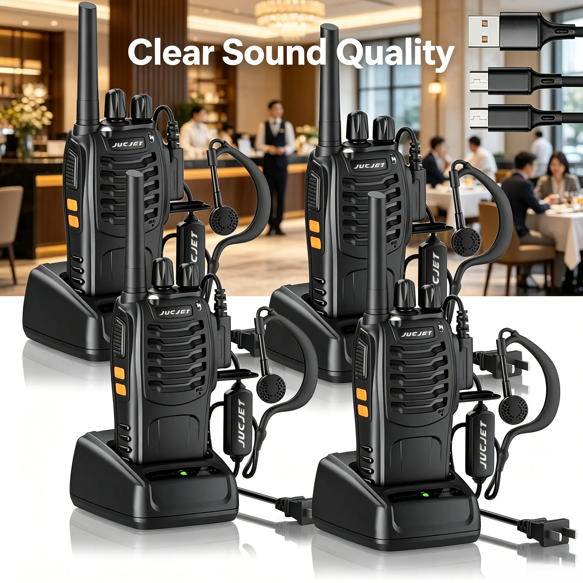 JUCJET H888S Walkie Talkies 4 Pack, Rechargeable UHF Two-Way Radios with Audio Earpieces & Type-C Charging Station, Portable Handheld Transceiver for Camping