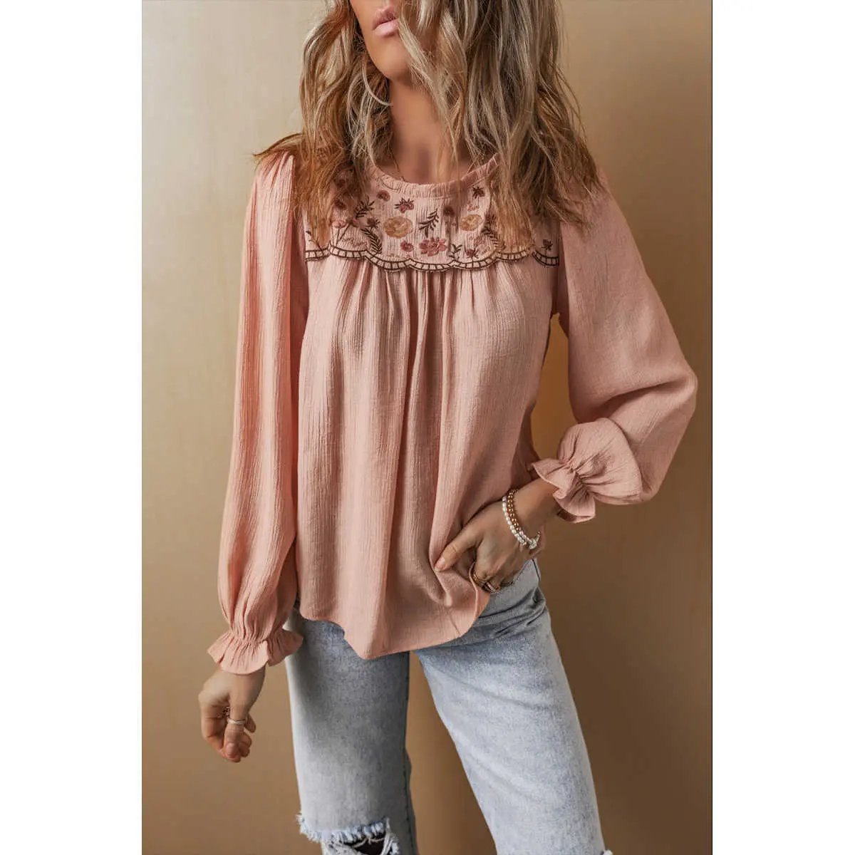 Gossamer Pink Floral Embroidered Textured Flounce Sleeve Elegant Blouse