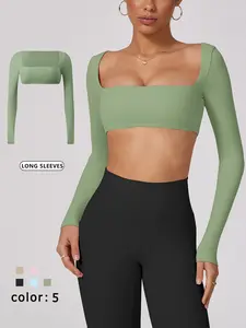 Women's Sporty Long Sleeve Top, High Elasticity Breathable Fabric, Functional Square Neck Design, Short Cut Waist Accent, Spring & Fall, Gym Workout Tops
