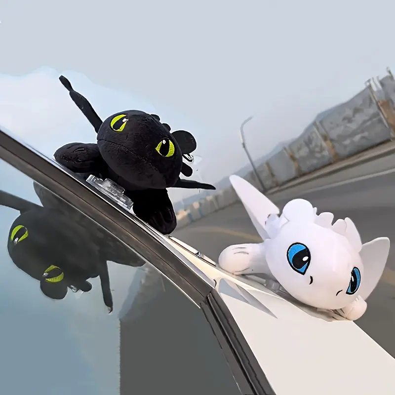 Toothless Night Fury Dragon Plush Car Decoration-Pterosaur Statue, Suitable for Roof and Motorcycle Helmet, Soft Pp Cotton, White/Black