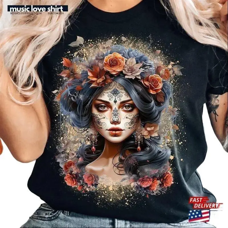 Mexican Catrina Shirt  Dia De Los Muertos T-shirt Classic Cotton Crewneck Streetwear Top