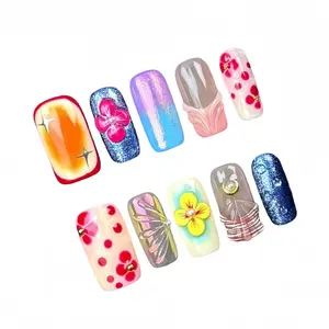 10pcs Square Handmade Acrylic Spring Summer Press ons Kit Luxury 3D Floral Manicure Pink White Y2K Party Birthday
