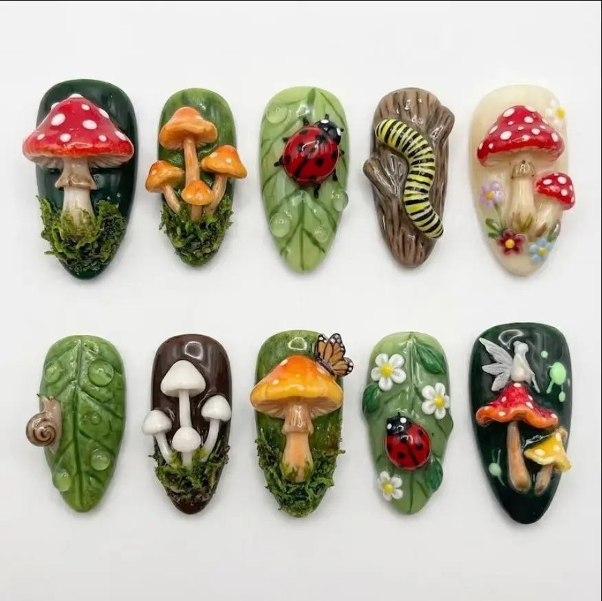 Fantasy Forest Press On Nails Set 3D Mushroom Lady Bug & Snail Hand Painted Gif For Birthday Party, Wedding Nails