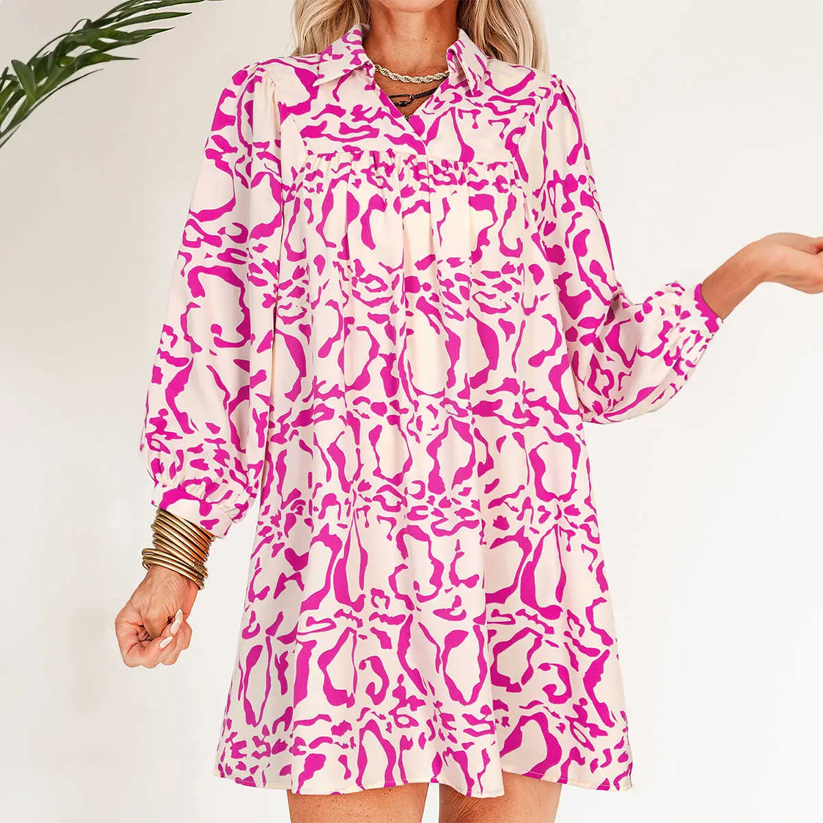 Pink Leopard Print Loose Fit Babydoll Mini Dress