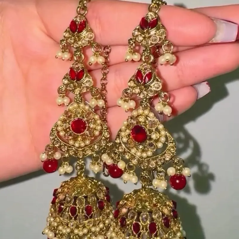 Maroon Polki Over-the-Ear Earrings