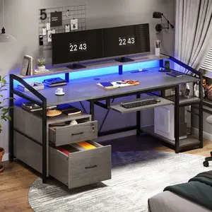SIKAIC 63-Inch Gaming Desk - Ergonomic Home Office Computer Table with LED Lights, Drawers, Dual Monitor Stand, Gamer Stuff for Man Cave Grey Commercial Office Furniture