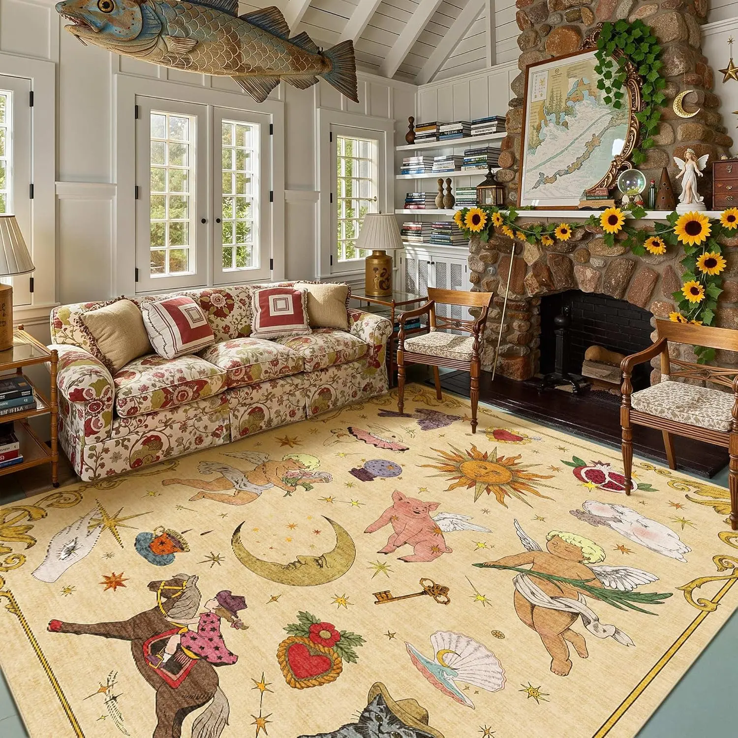 Kokia Sun and Moon Celestial Cottagecore Area Rug 8x10 Feet Yellow Vintage Washable Low Pile Non-Slip Rug for Nursery Playroom Living Room Bedroom Unique Boho Decorative Tapestry Rug, Room Decor, Whimsical Room Decor