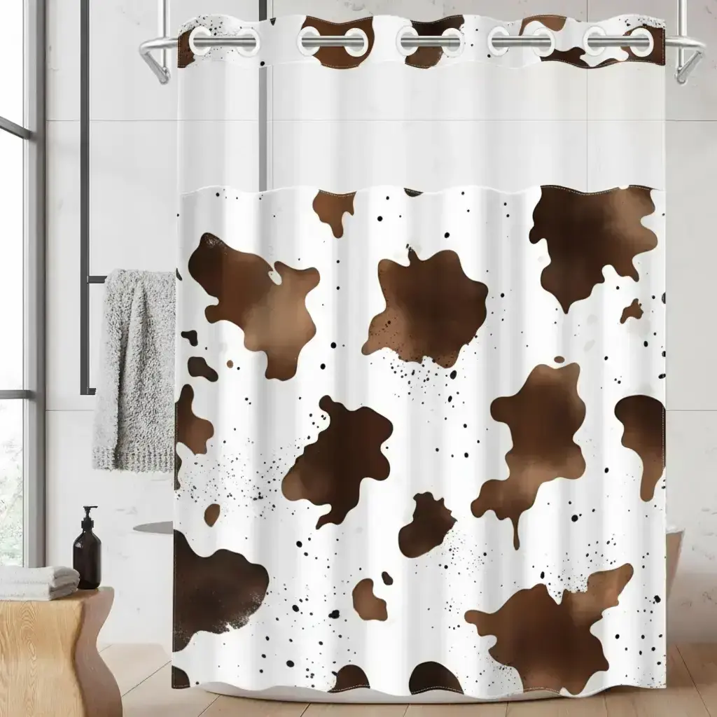 1pc hookless, No Hook Shower Curtain with buckle lining, brown and white cow print design, 2D flat printing, waterproof fabric lining, see-through double-layer shower curtain, 71 x 74 inches