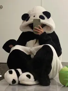 Women's & Panda Fleece Hooded Pajamas Robe, Fall Winter New Coral Velvet Cartoon Cute Home Wear, Christmas Gift, Fluffy Pajamas