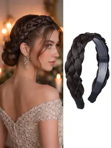 Wide Braided Headband with Teeth Anti Slip Synthetic Hair Plaited Headband Fishtail Braided Hair Band Hairpiece for Girls Women Headbands Women Beauty Accessory (Dark brown)