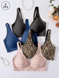 4Pcs Jelly Bra Sexy Push-Up No Underwire Leopard Print Women's Underwear Bras, Medium Support Slim-Fitting All Seasons, Plain Pattern