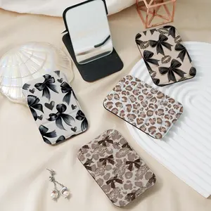 Millennial leopard print lip print bow pattern portable convenient folding small desk mirror mini handheld makeup mirror suitable for all kinds of holidays, valentine, Thanksgiving, New Year's gifts, couples, sisters, friends and family