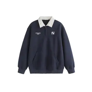 Heavy Polo Collar Sweater Men's Fashion New Letter Embroidery Contrast Color College Casual Long Sleeve