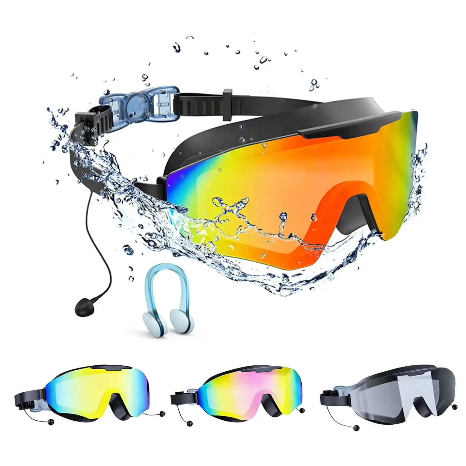 Adult Swimming Goggles, Professional Anti-Fog Mirrored Lens with Wide Frame for Competition and Training, Earplugs Included, With Earplugs