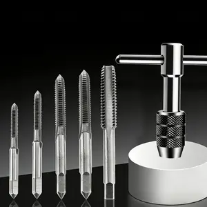 Adjustable Silver Color T-Type Handle Ratchet Tap Wrench Set, Includes 5 Pieces M3-M8 3mm-8mm Metric Thread Plug Taps