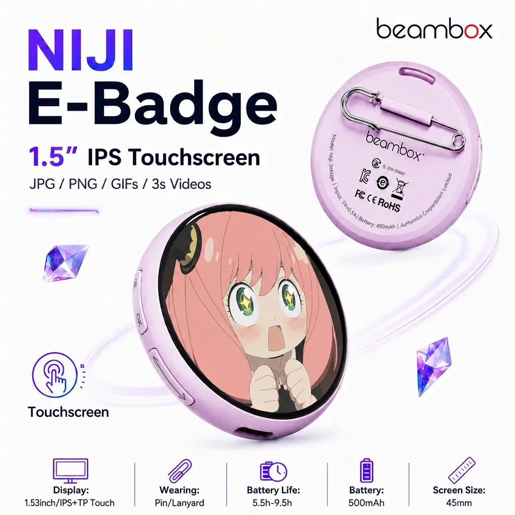 Beambox Niji LED Display Digital Badge Pin - Custom DIY Video Brooch, Unisex Anime Bag Charm, Personalized Gift with Abs Feature for Creators & Tech Enthusiasts