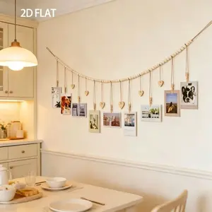 Bohemian Style Photo Display Rack, Wall-Mounted Photo Holder for Living Room, Bedroom, Classroom, Wooden Beads, Clips, Heart Tags