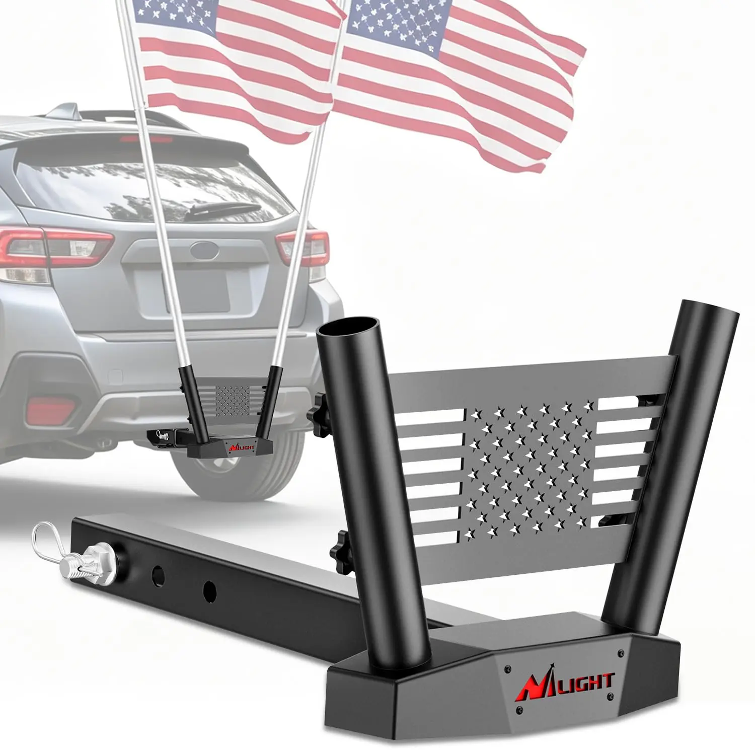 Nilight Adjustable Steel Heavy-Duty Double Flagpole Holder, Truck Hitch Mount Kit with Drainage Holes for 2-Inch Receivers, Fits 0.87-1.38 In Flag Tubes for Jeeps SUVs, Ideal for Car Show, Sand Racing