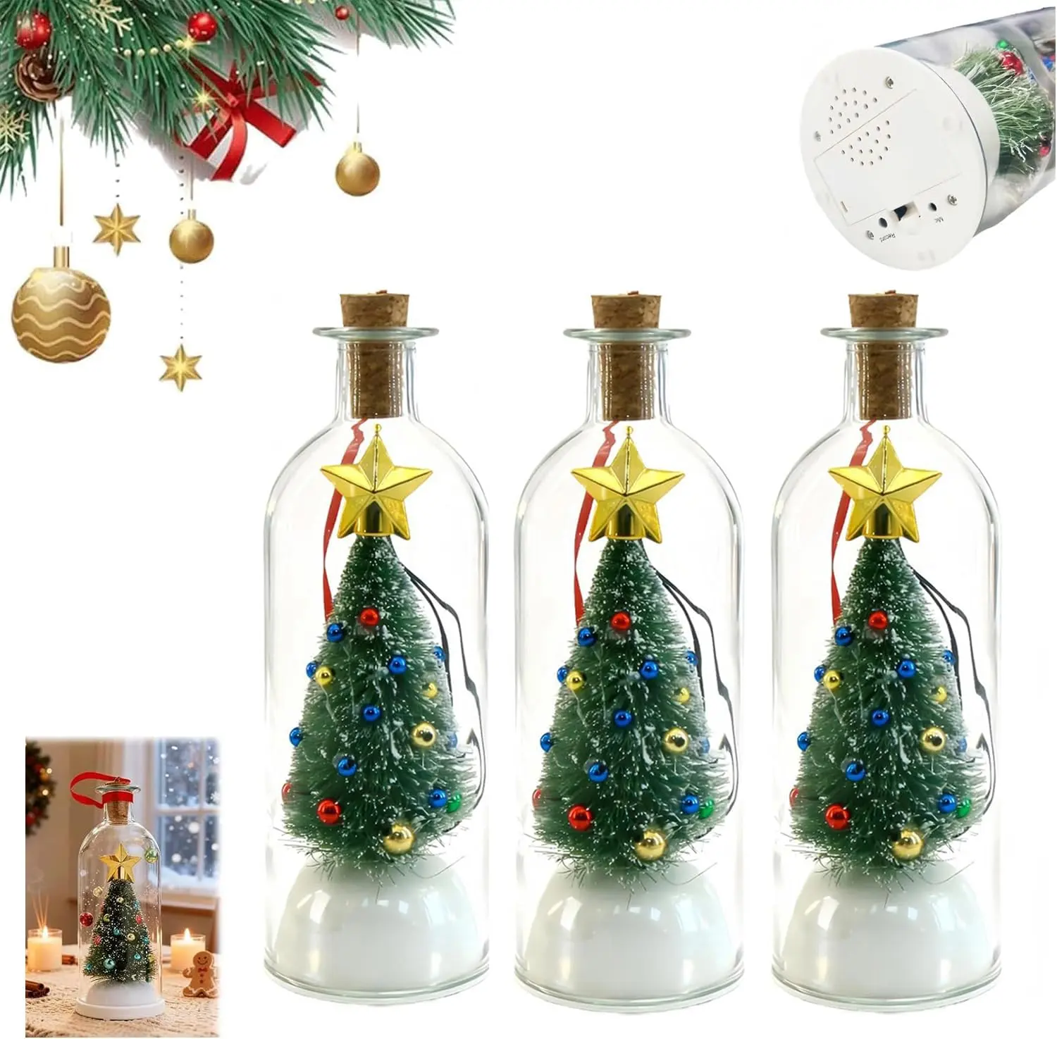 3Pcs Christmas Tree Message in a Bottle Ornament Set - Recordable Message in a Bottle Voice Recording Ornament - Recordable Christmas for Family Friends Lovers Unique Xmas Gift (3pcs) homedecor