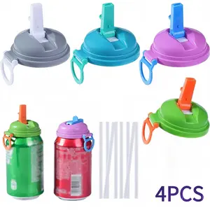4-pack 4 Color Soda Can Lids with straw, Soda Can Covers with Silicone straw BPA-Free Reusable For Fits standard For Canned Beverage, Beer, Juice,Seltzer, Drinkware, Straw Spout Lid, Drinking Gadgets, Drink Protectors. (Colour mixture)