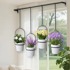 Metal Adjustable Hanging Planters Set (4 Plastic Pots Included), Floating Plant Hangers for Indoor Window & Ceiling Herb Garden, Nylon Rope Wall Plant Hanger, 11.8"-18.1" Expandable Slide-out Pot & Pan Storage Drawer Rack, Black