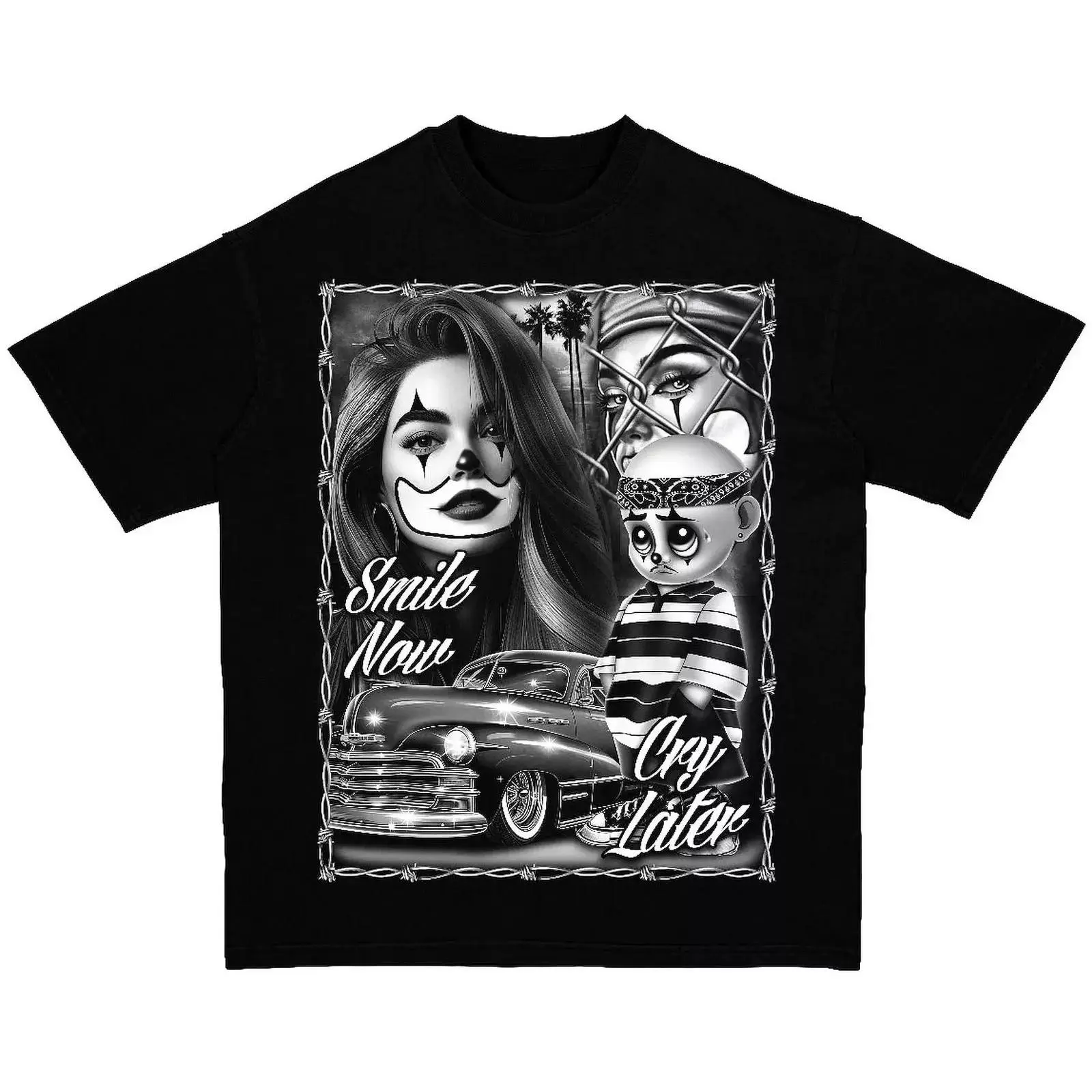 [100% Cotton] Smile Now Cry Later Chicano Clothing Gangster Streetwear Graphic Tee for Men Women T-Shirt Daily Wear Summer Fashion Gift