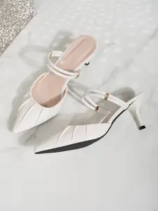New Fashion Women's Pointed Toe Footwear Low Heel Mules, Backless Half Slip-On High Heels, Rhinestone Decorated Pleated Shoe Face Commuter Sandals
