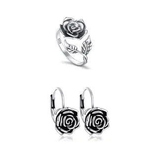 925 Sterling Silver Rose Jewelry Set | Vintage Gothic Rose Ring & Huggie Earrings for Women