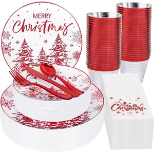 175-piece Christmas plastic dinnerware and napkin set, including 25 dessert plates, 25 dinner plates, 75 plastic utensils, 25 cups, and 25 napkins. Features a white and red Christmas-themed design. Disposable tableware.