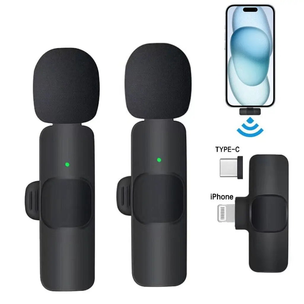 Wireless Lavalier Microphone 2-Pack, Mini Clip-On Omnidirectional Mic with Noise Reduction, USB-Cable Plug Receiver for iPhone & Android, Professional Mobile Audio for Vlogging (Sports & Outdoor Leisure Use), Iphone X, Rechargeable Battery, Type C, Record