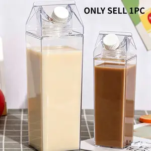 500ML/1000ML Milk Carton Reusable Leakproof Water Bottle Plastic Square Milk Coffee Juice Tea Cup Drinkware Transparent Milk Storage with Lid for Outdoor Sports Camping Gym Portable Plastic Bottles