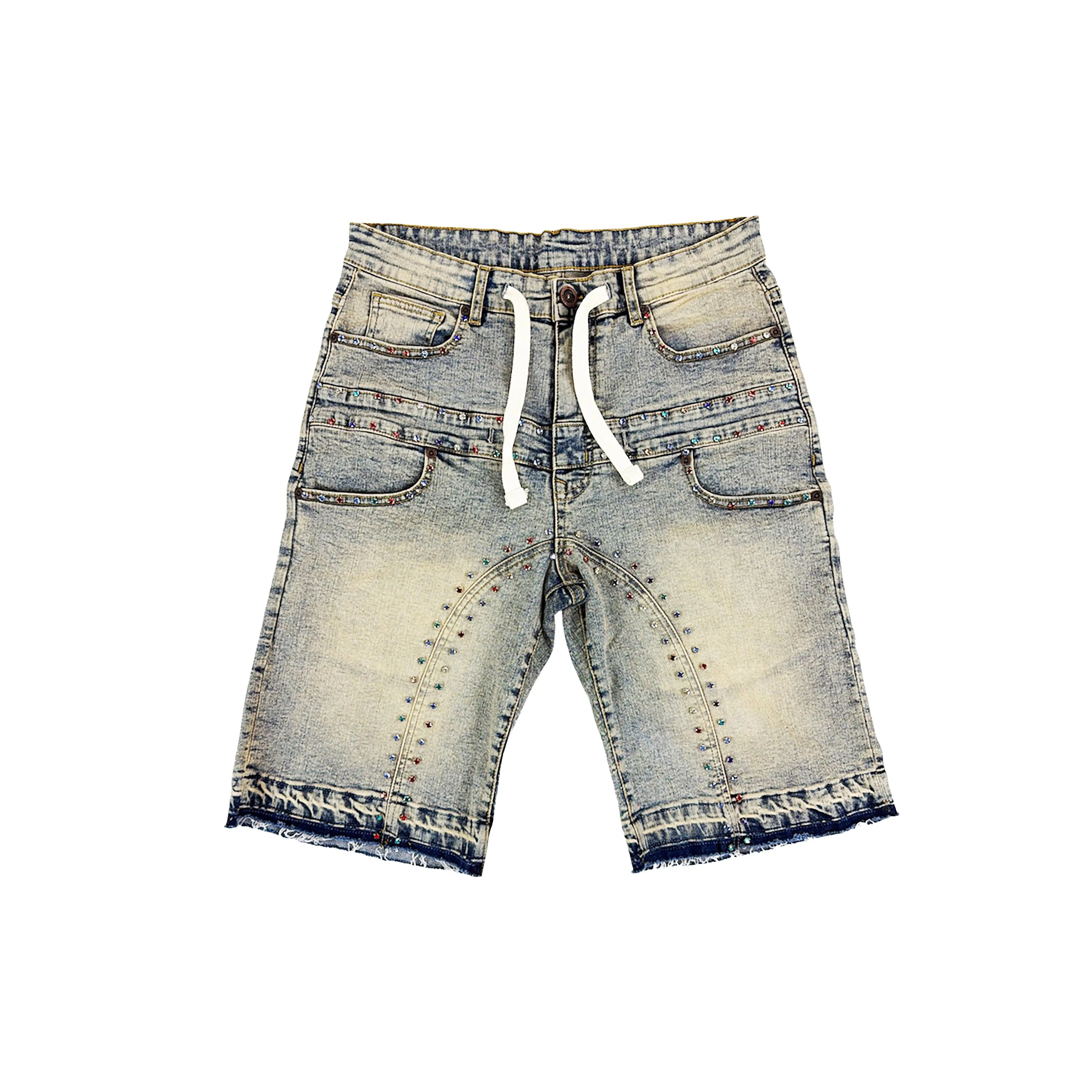 Men's Slim-Fit Vintage "Skittles" Cotton-Spandex Denim Jorts - Button Front, Zip, Pockets & Stone Accents, 90s Look, Streetwear, Casual Style, All Seasons, Multi-Size Short Shorts