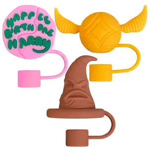 Harry Potter Straw Cap Protector Set, DIY Cartoon Silicone Accessories for Glass Stainless Steel Water Bottles, Dustproof Cover Kit