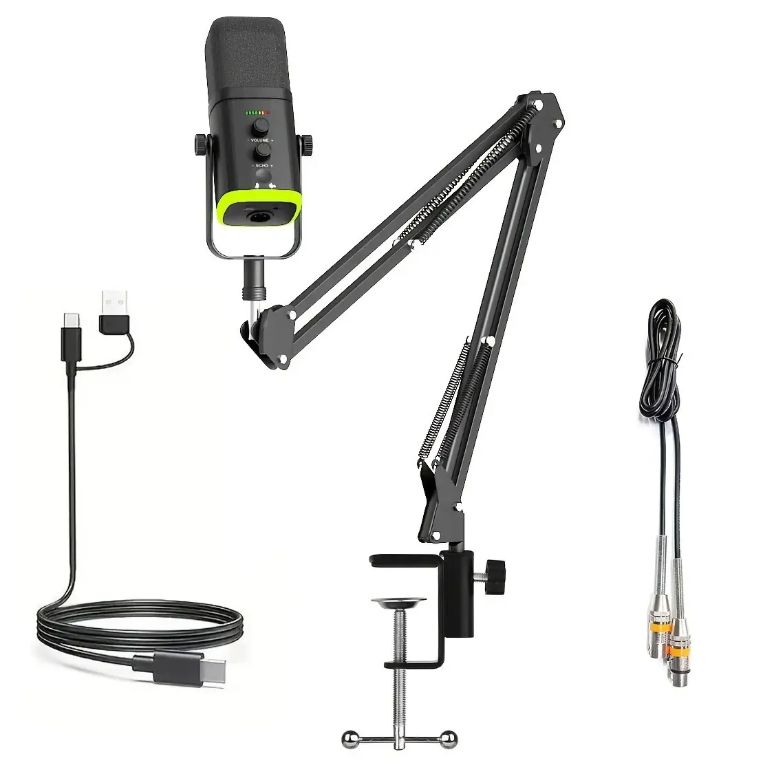 Dynamic XLR USB Microphone Kit with Wired Recording, Noise Reduction, Independent Volume Control Gaming Mic, Live Streaming Mic, Stand Arm for Streaming