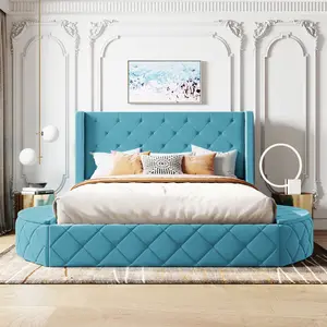 Velvet Queen Storage Bed Frame, Deluxe Upholstered Platform Bed with Wingback Headboard and 1 Big Drawer, 2 Side Storage Stool, No Box Spring Needed/ Easy Assembly (Queen Size, Blue)