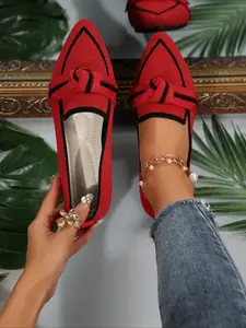 Spring Autumn Plus Size Flyknit Flat Women's Shoes, Casual Versatile Mesh Breathable Butterfly Knot Pointed Toe, Fashionable Non-Slip Slip-On Ladies' Shoes